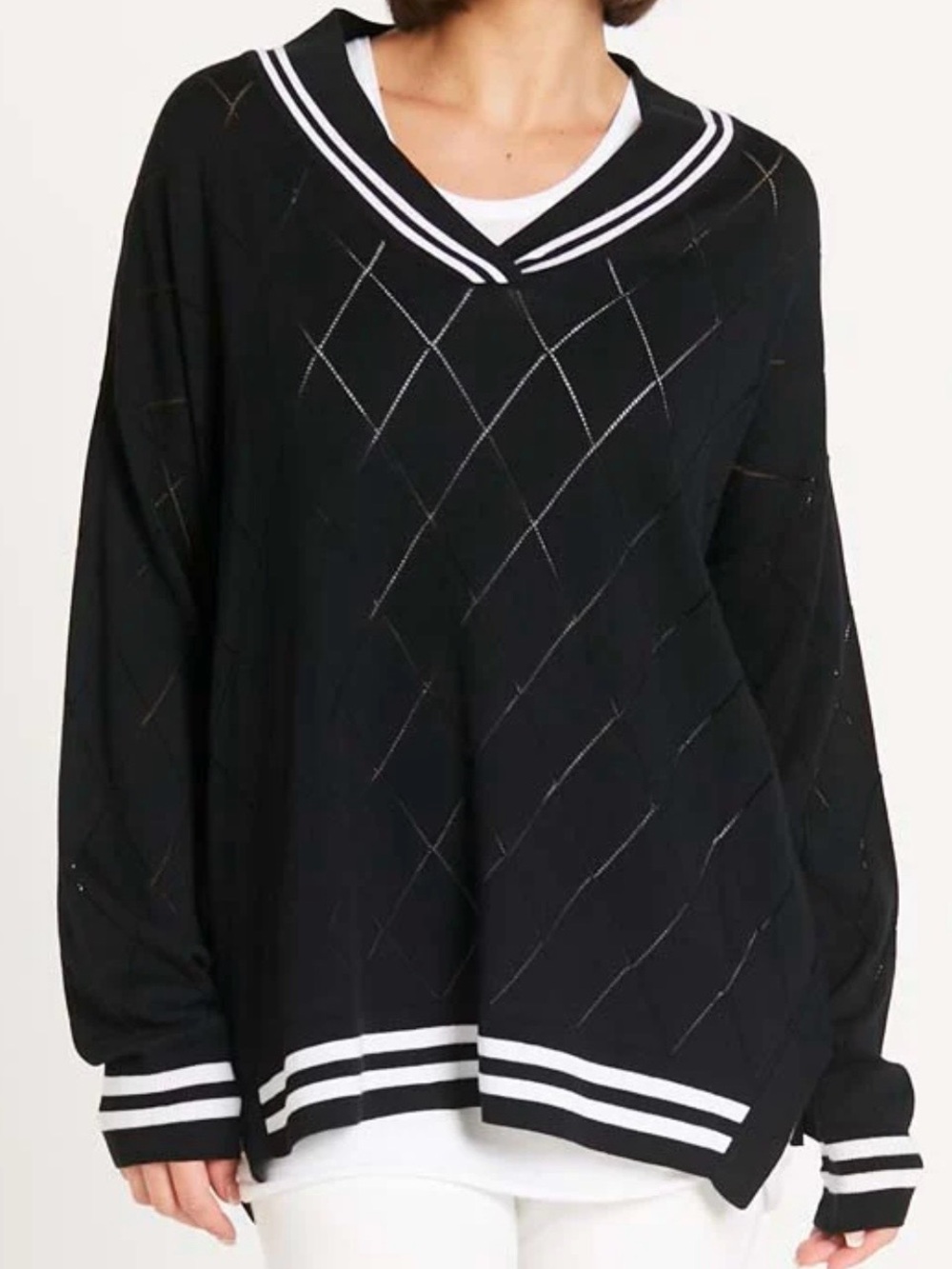 Planet by Lauren G. Oversized V-Neck Knit Sweater - Black/White Varsity Style